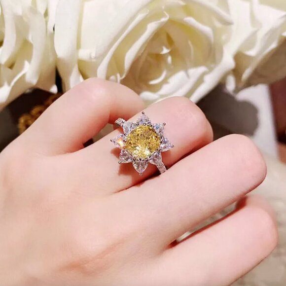 NEW 925 Sterling Silver Diamond Sunflower Ring Flower Citrine Ring - Picture 6 of 6